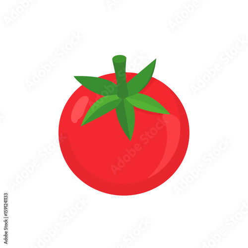Stylized ripe red tomato with a green stem and calyx. A glossy, flat design vector illustration of a fresh vegetable.