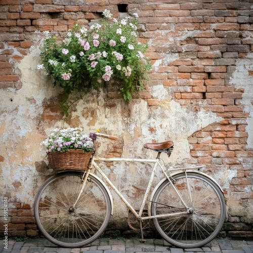 Stylish Bicycle by Rustic Brick Wall with Flowers