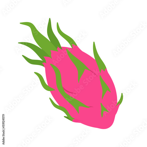 Vibrant pink dragon fruit with green leafy scales. A whole, exotic pitaya fruit illustrated in a simple, flat vector style.