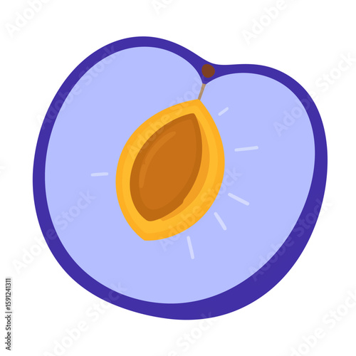 Stylized cross-section of a ripe purple plum with light purple flesh and a central yellow stone.