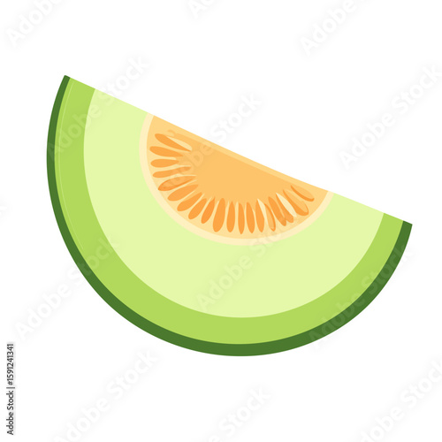 A fresh, juicy slice of cantaloupe melon with a vibrant green rind and sweet orange flesh, depicted in a clean, flat vector style.