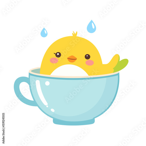 Cute cartoon yellow chick with rosy cheeks bathing in a shiny light blue teacup.