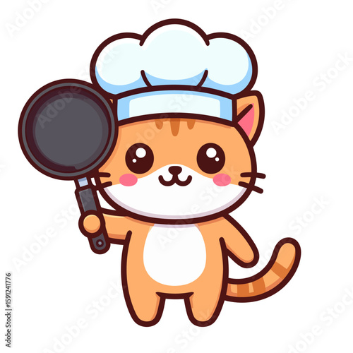 Adorable cartoon ginger tabby cat chef wearing a white toque and holding a black frying pan.