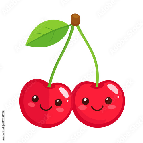Cute kawaii-style illustration of two smiling red cherries with rosy cheeks, joined by green stems and a leaf.