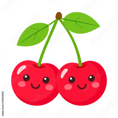 A cheerful pair of kawaii-style red cherries with smiling faces, rosy cheeks, green stems, and leaves.