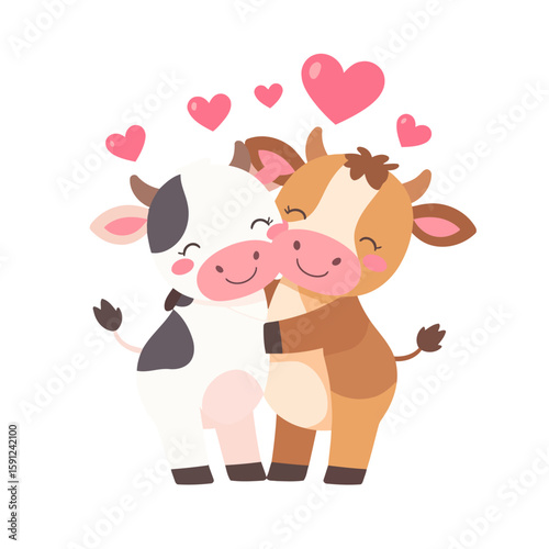 Adorable cartoon cow couple hugging with happy smiles, surrounded by floating pink hearts of love.