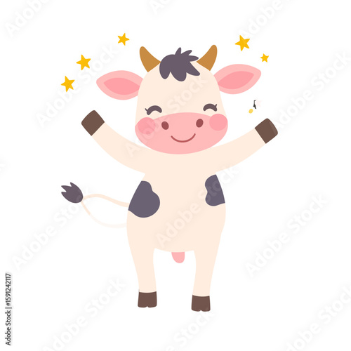 Adorable cartoon cow with grey spots and rosy cheeks, raising its arms in joy under yellow stars.
