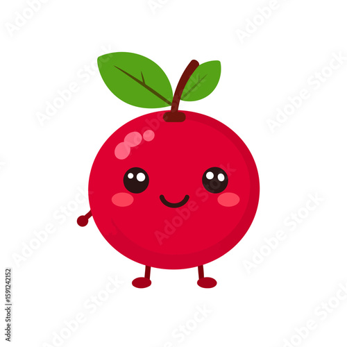 Cute kawaii red berry character with a happy smiling face, green leaves, and rosy cheeks.