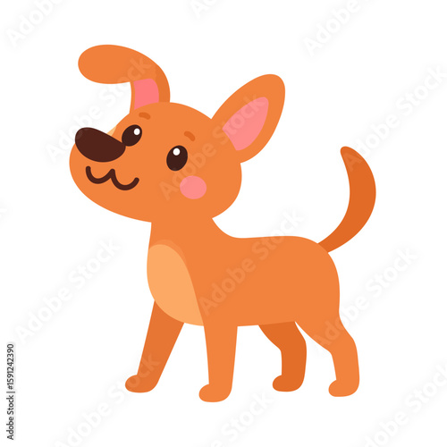 A friendly orange cartoon puppy with a floppy ear, rosy cheeks, and a curious expression, standing in profile.