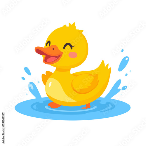 Adorable cartoon yellow duckling with a happy expression splashing joyfully in a blue puddle of water.