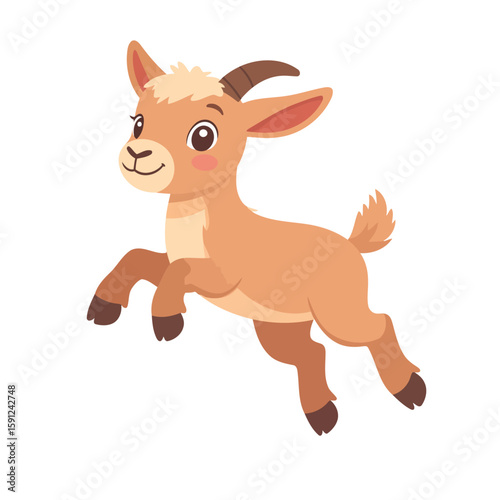 Joyful cartoon baby goat with small horns and blush cheeks leaping happily.