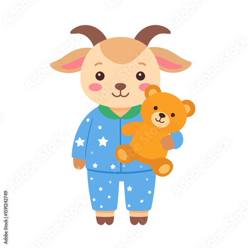 Adorable cartoon goat in blue starry pajamas holding a small teddy bear toy.
