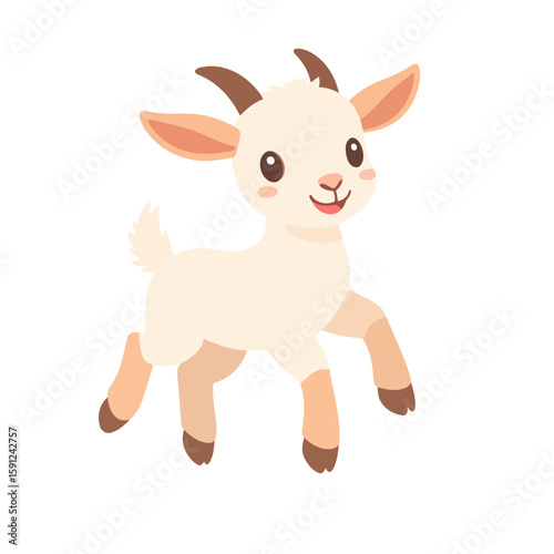 Adorable smiling baby goat with small brown horns and hooves, captured in a playful, prancing pose.