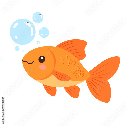 Adorable cartoon goldfish with a happy smile and pink cheeks blowing blue air bubbles.