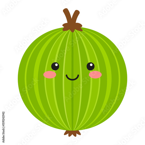 Adorable kawaii green gooseberry character with a happy smiling face. A cute, striped fruit illustration with pink cheeks and a brown stem.