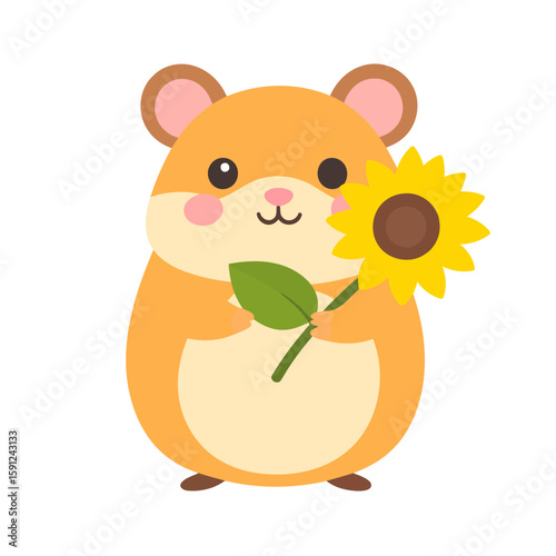 Adorable orange cartoon hamster with pink cheeks holding a bright yellow sunflower.