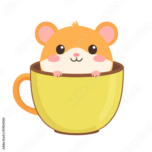 Charming kawaii hamster character with rosy cheeks peeking from a bright yellow teacup.