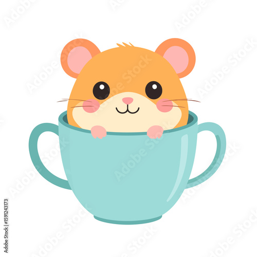 Cute orange cartoon hamster with pink cheeks peeking out of a light blue teacup, kawaii style illustration.