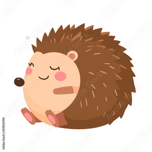 Charming cartoon hedgehog with brown quills and rosy cheeks, sitting happily with closed eyes.