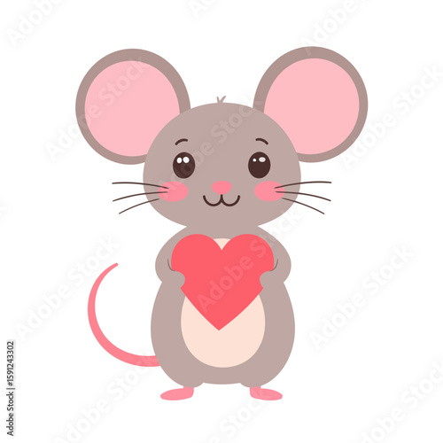 Adorable gray cartoon mouse with large pink ears and rosy cheeks, holding a red heart symbol of love.