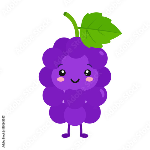 Adorable kawaii purple grape bunch character with a happy smiling face, green leaf, and legs.