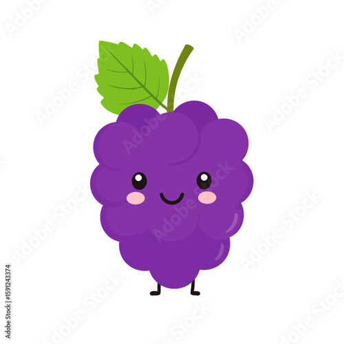 Cute kawaii mulberry character with a smiling face. Adorable purple fruit mascot with rosy cheeks, a green leaf, and little legs.