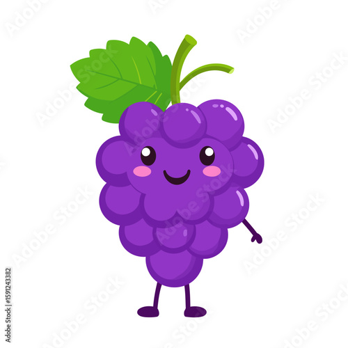 Smiling purple grape character, a cute fruit mascot with rosy cheeks and a green leaf.