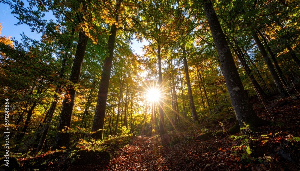 Fototapeta premium Sunlight streams through autumn forest canopy