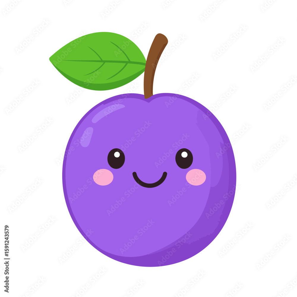 Obraz premium Cute kawaii purple plum character with a smiling face, pink cheeks, and a green leaf.