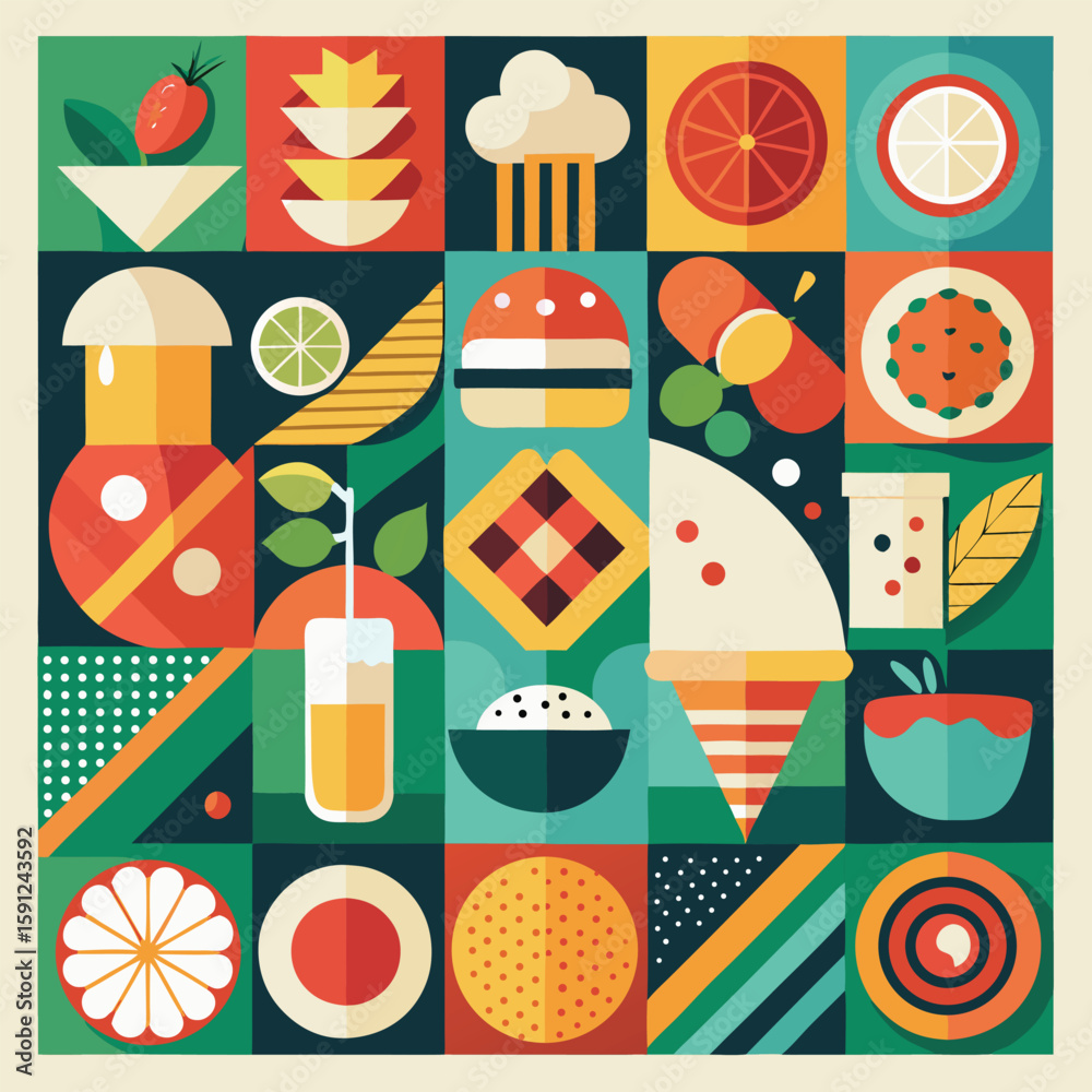 Fototapeta premium Abstract geometric food in square tiles. Fruits and vegetables. Coffee wine cocktail burger pizza sushi muffin hot dog shrimp noodles racy vector set