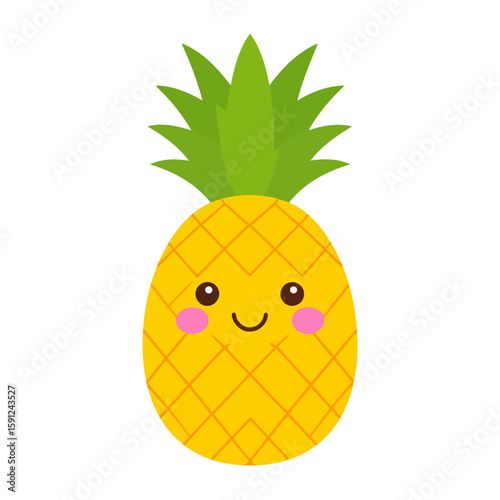 Adorable kawaii pineapple character with a happy smiling face, pink blushing cheeks, and a spiky green crown. A cute fruit illustration.