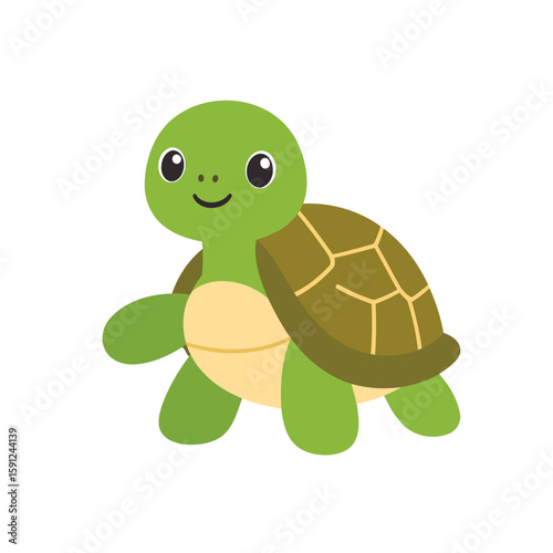 Adorable green cartoon turtle with a friendly smile and a brown segmented shell, standing happily.