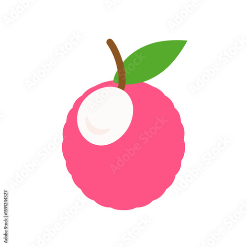 Stylized icon of a pink lychee with bumpy skin, a green leaf, and exposed white flesh.