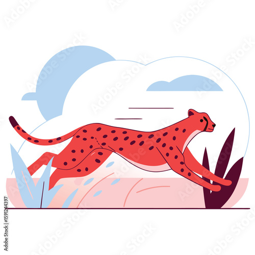 Stylized illustration of a cheetah in full stride showcasing its speed and agility against a minimalist natural background