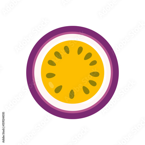 Stylized flat vector icon of a passion fruit cross-section with a purple rind, white pith, and seedy yellow pulp.