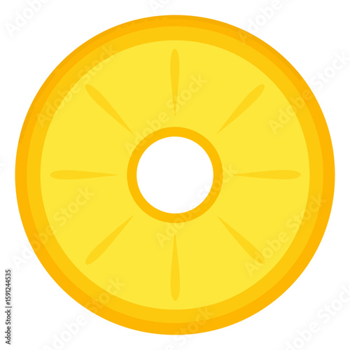 Stylized circular pineapple ring slice with a cored center. Flat vector illustration of a tropical fruit.