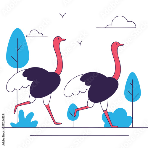 Two stylized ostriches with long necks and colorful bodies walk through a minimalist landscape with blue trees and clouds