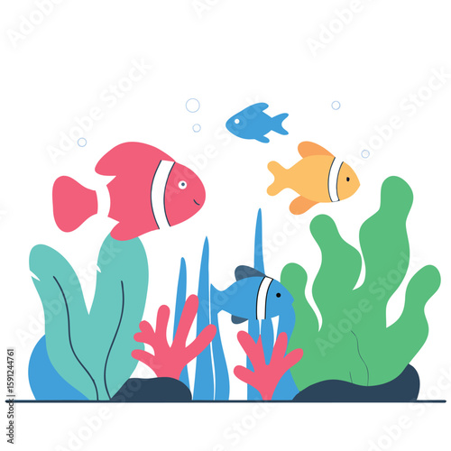Vibrant underwater scene with playful fish swimming among colorful coral and lush seaweed