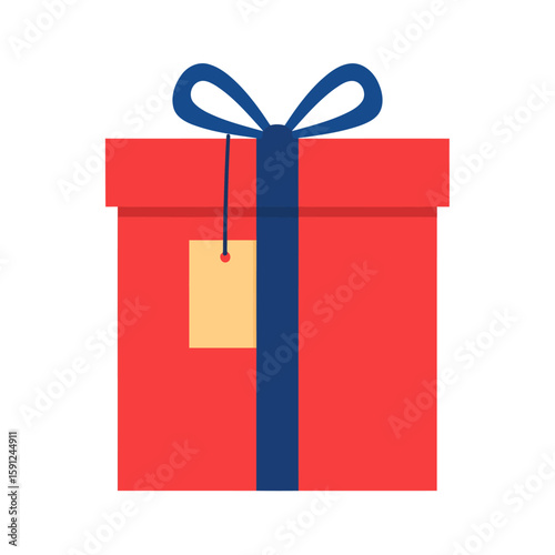 A flat design illustration of a red gift box with a dark blue ribbon, bow, and a blank gift tag.