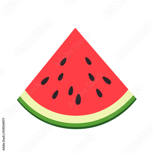 A simple flat illustration of a triangular watermelon slice with red flesh, black seeds, and a green and white rind.