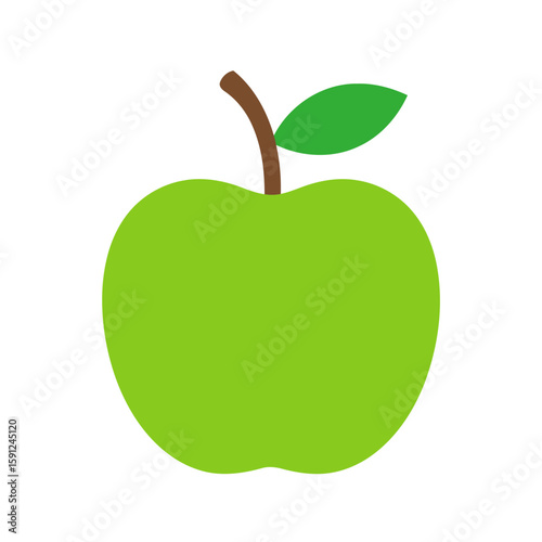 Stylized green apple illustration with a brown stem and single leaf. A simple, flat design graphic icon.