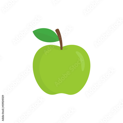 Vibrant green apple illustration in a minimalist flat style with a leaf and stem.