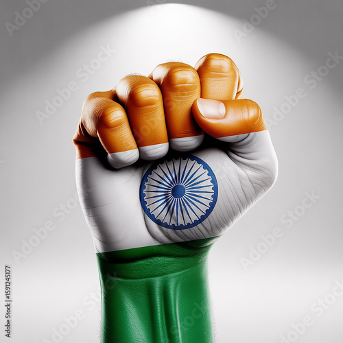 Realistic 3D Painted Fist with Indian Flag Colors and Ashoka Chakra – Power Salute on White Background – 15 August India Independence Day.