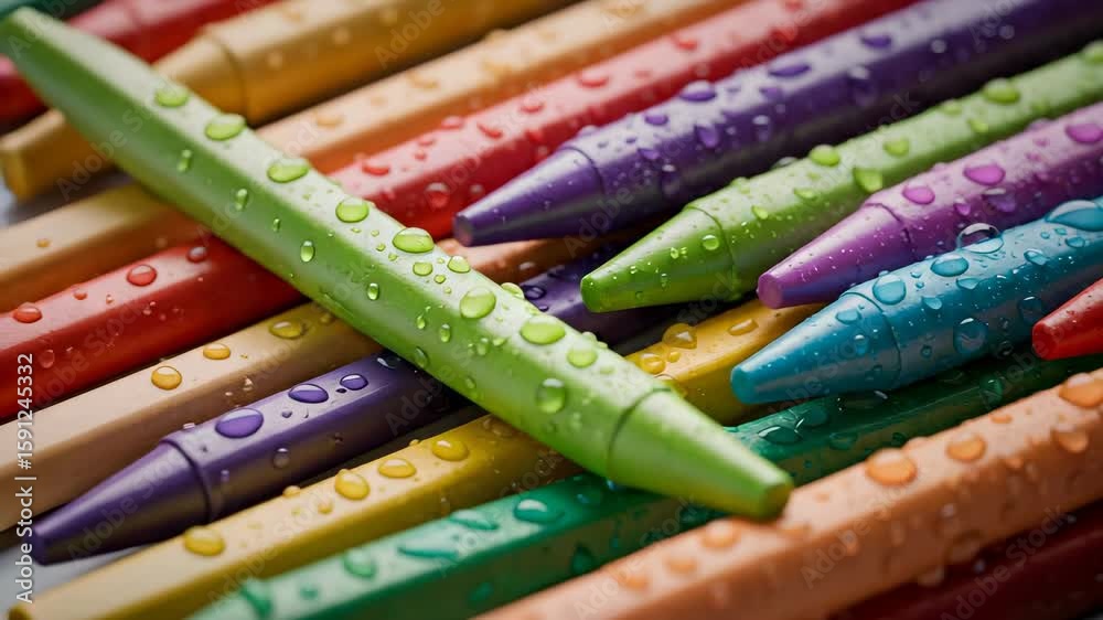 Vibrant Rainbow Crayons Arranged with Water Droplets Dark Backdrop Close up Art Supplies Education Still Life