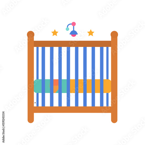 Flat design illustration of a wooden baby crib with blue bars and a colorful mobile.