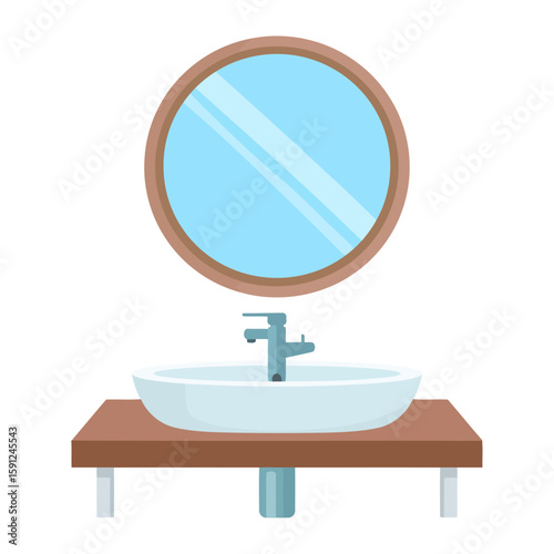Modern bathroom vanity with a white vessel sink, faucet, and a round wooden-framed mirror.