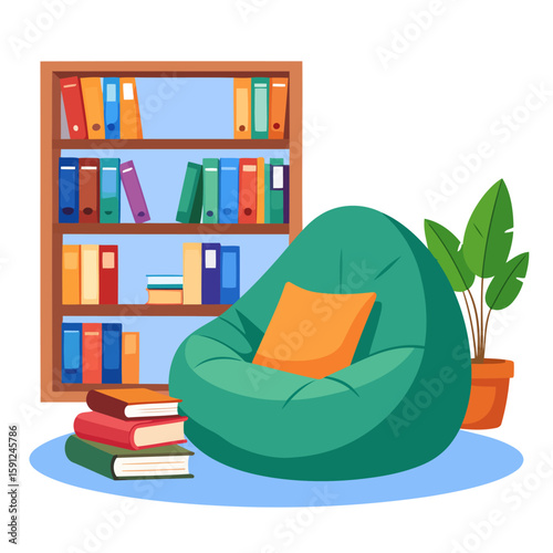 A cozy reading corner illustration featuring a green beanbag chair, a wooden bookshelf, stacked books, and a houseplant.