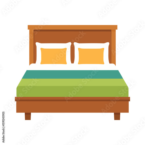 Wooden double bed with a tall headboard, yellow pillows, and a green striped duvet, flat vector style.