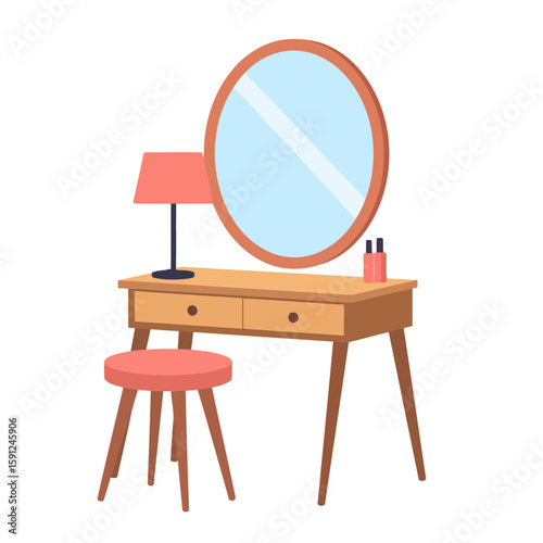 Modern wooden vanity table with a large round mirror, pink lamp, and matching stool.