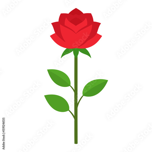 Stylized single red rose with layered petals and a green stem, flat design vector illustration.